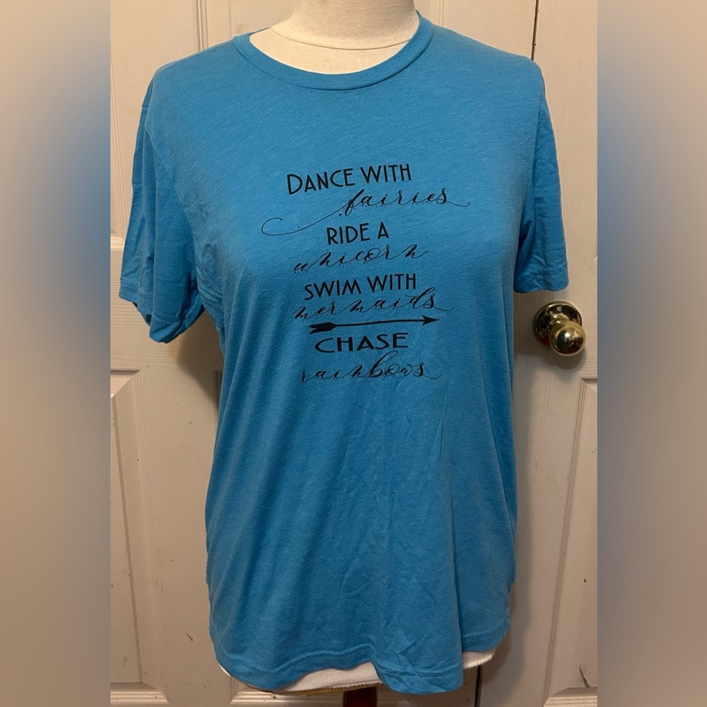 Blue Graphic Tee with Whimsical Text size medium